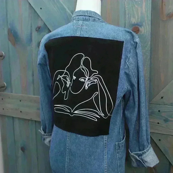 Upcycled Denim Jacket Woman Reading Book Back Patch Vintage Jean Blazer Small - Picture 6 of 9